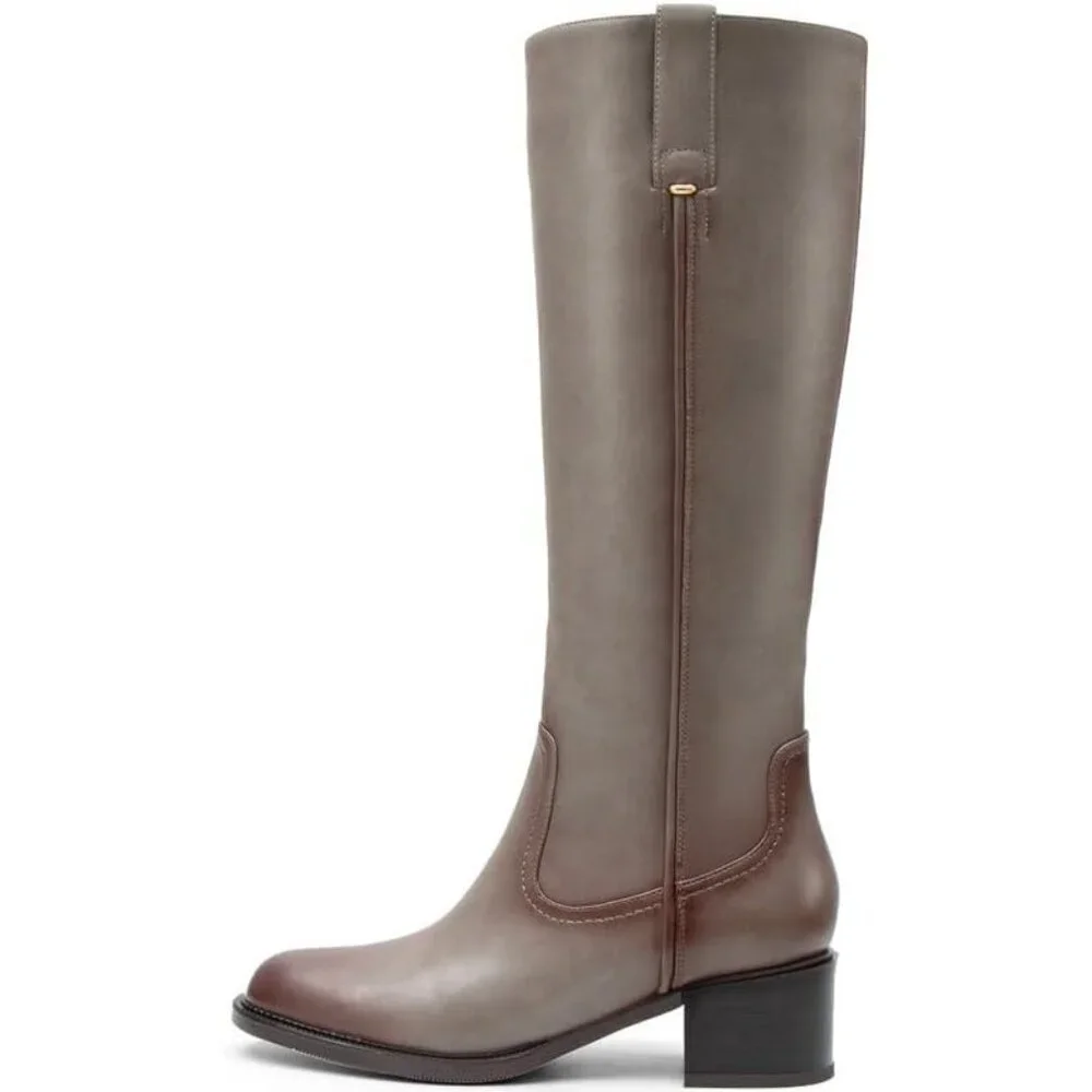 Women's Grey Chunky Low Block Heel Round Toe Faux Leather Knee High Boots